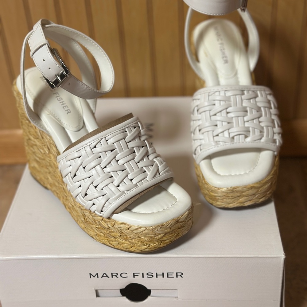 Marc Fisher Cream Woven Wedge Sandals